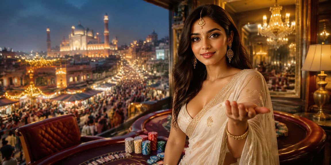 An Indian woman beside a lottery booth lit with festive neon lights