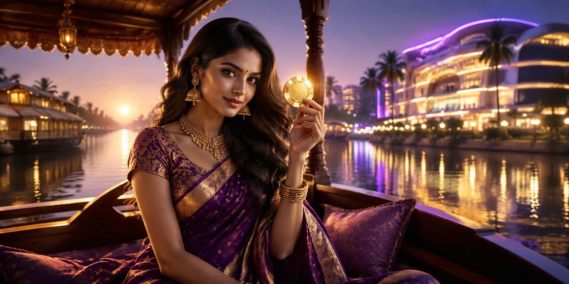 Live casino game session with dealer and players at Kerala backwaters setting