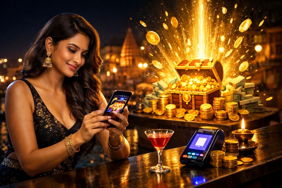 User making a secure mobile payment by the Varanasi ghats